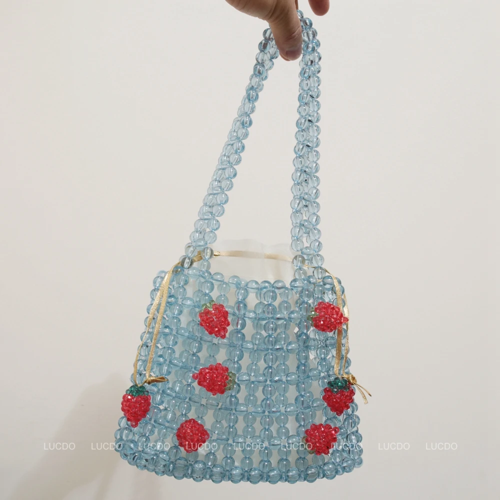 Fashion Pearl Beaded Woven Shoulder Messenger Bag Luxury Pure Hand-woven Beaded Bucket Bag 2022 New Handbags Women Family