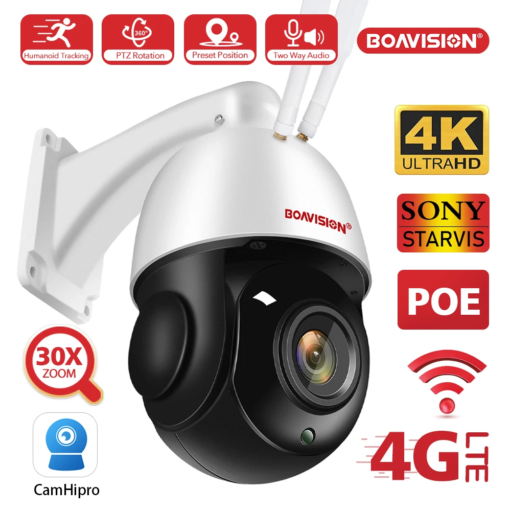 Outdoor IP Cam 8MP 5MP 4G Sim Card WIFI POE AI Auto Tracking 30X Zoom PTZ Speed Dome Two Way Audio IR 80m Surveillance Cam