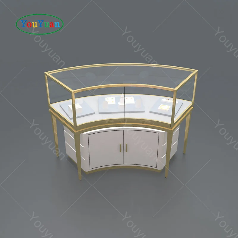 (customized)Round wall wood showcase design silver display cabinet showcase glass jewellery shop design 20 sqm