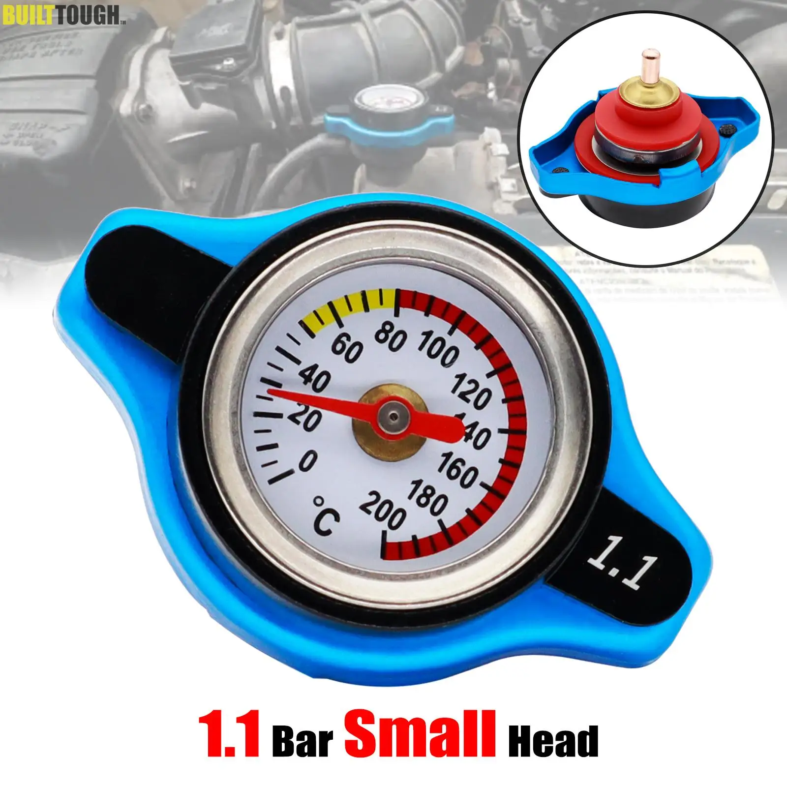 Racing Engine Radiator High Pressure Cap 1.1 Bar Small Head With Water Temp Gauge Blue Tank Cover Replacement Car Motorcycle Hot