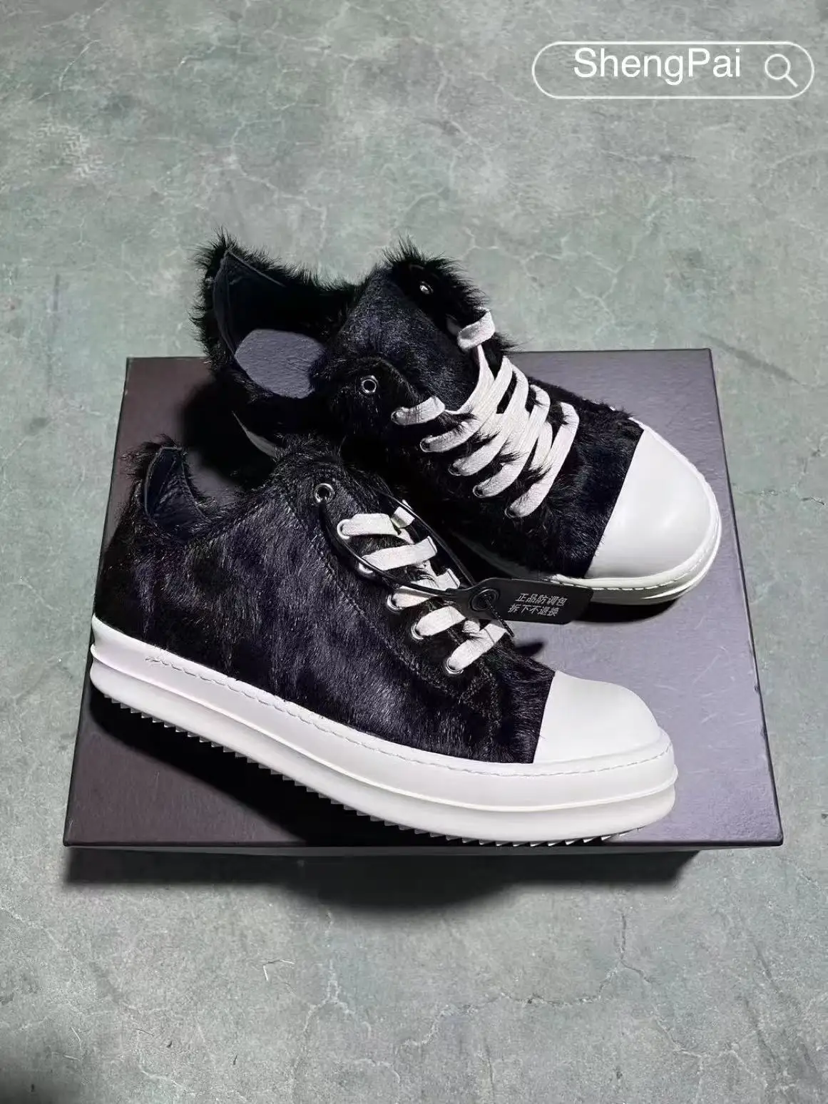 Zapatillas Bajas de Pelo de Caballo Estilo Negro para Hombre, Zapatos Casuales de Lujo con Puntera Blanca, Cordones Beige, Suela de Goma, Calzado de Moda para Parejas