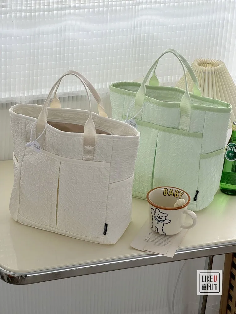 Casual Stylish Large Capacity Pleated Bubble Literature Hundred Handbag Tote Tote Bento Lunch Box Bag Portable Commuting Handbag