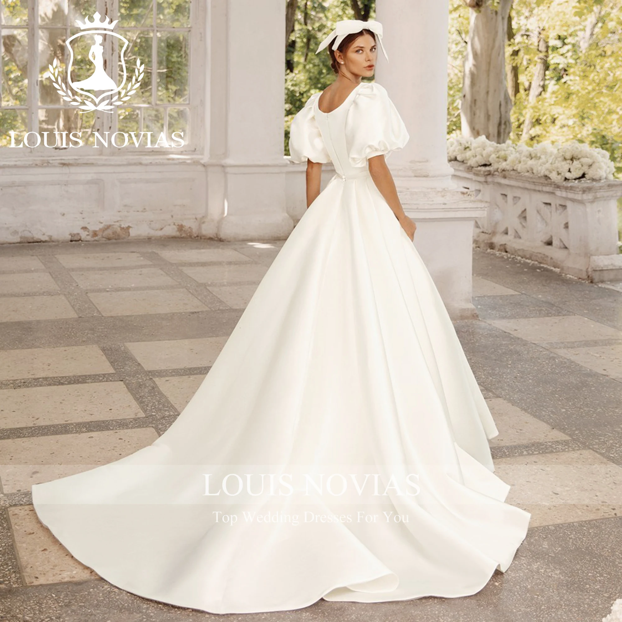 LOUIS NOVIAS Mermaid Satin Wedding Dresses 2023 Simple Romantic SCOOP Puff Sleeve Detachable Train Wedding Gown Vestido De Novia