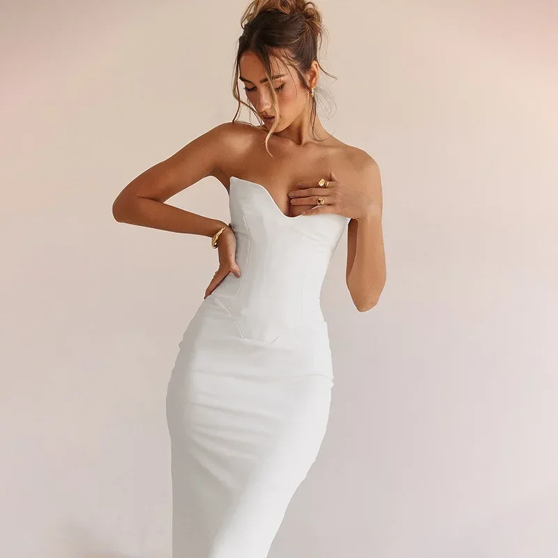 

Slim Bodycon Elegant Mermaid Dress Women Strapless 2023 Summer Nightclub Sexy Party Dress Long Maxi Dresses Fishbone