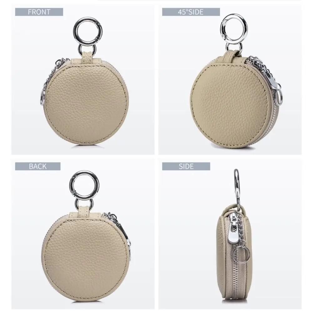 Genuine Leather Coin Purse With Mirror Bag Pendant Decor Round Wallet Keychain Zipper Closure Bluetooth Earphone Bag Lipstick