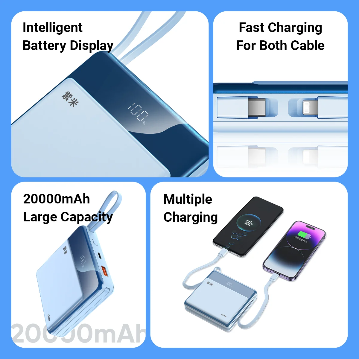 Zime 20000mAh PD 22.5W المدمج في 2 كابلات محمولة بطارية خارجية قوة البنك شحن آيفون أندرويد والأجهزة اللوحية في وقت واحد
