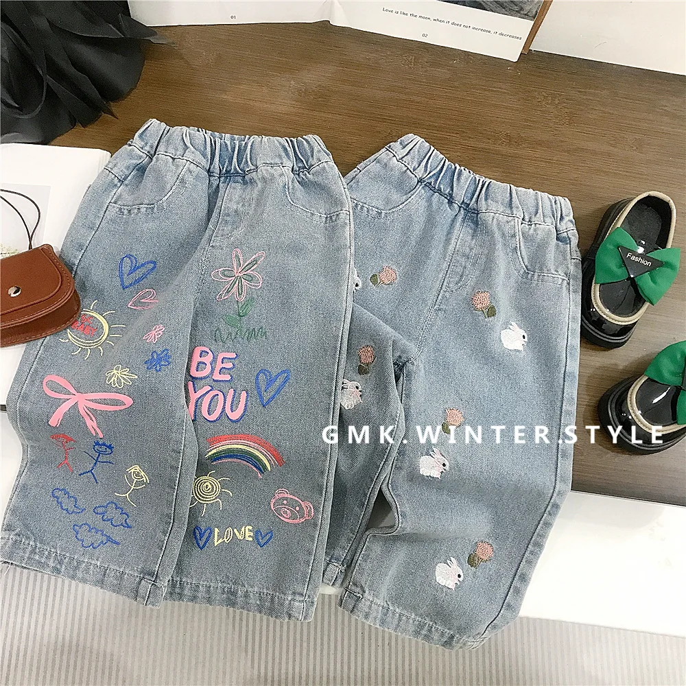 Spring Toddler Girl Denim Pant Cotton Contrast Graffiti Infant Baby Girl Jeans Loose Rabbit Rmbroidery Little Girl Straight Pant