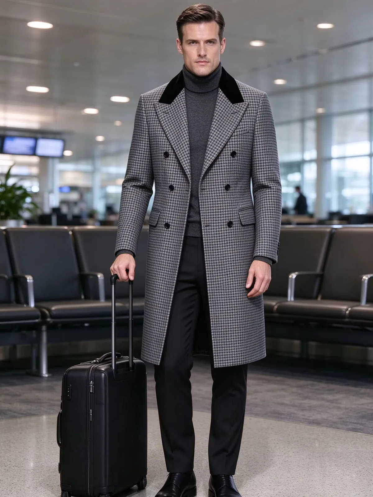 Men's Vintage Houndstooth Overcoat Double Breasted Long Coat Black Velvet Notch Lapel Wool Blend Slim Fit Business Dress Coat