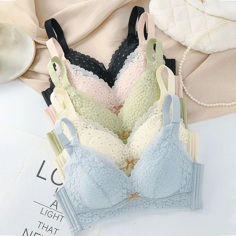 Small Chest No Underwire Bra Women\'s Sense Lace Breathable Bra Gather Comfortable Wrap Chest Anti-Sagging Underwear Soft