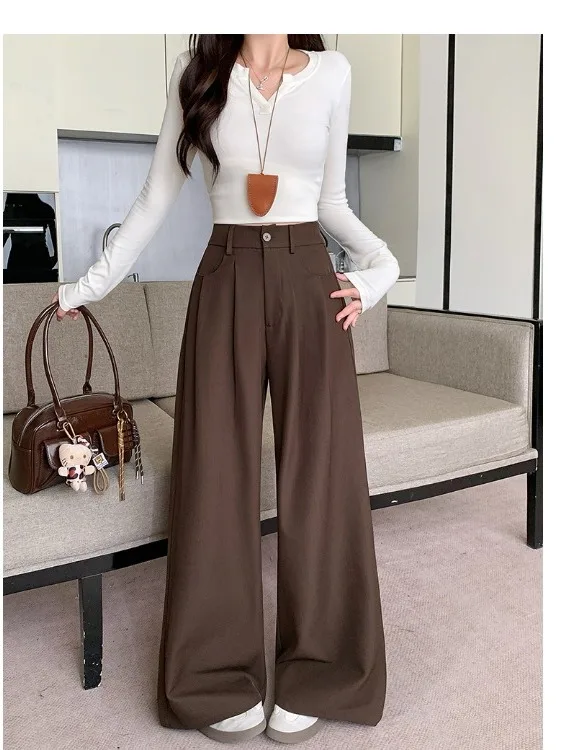 

plus Size Women's Korean Sle Retro Casual Suit Wide Leg Pants High Waist Drapey A-Line Straight Cut Trousers Spring Summer ...