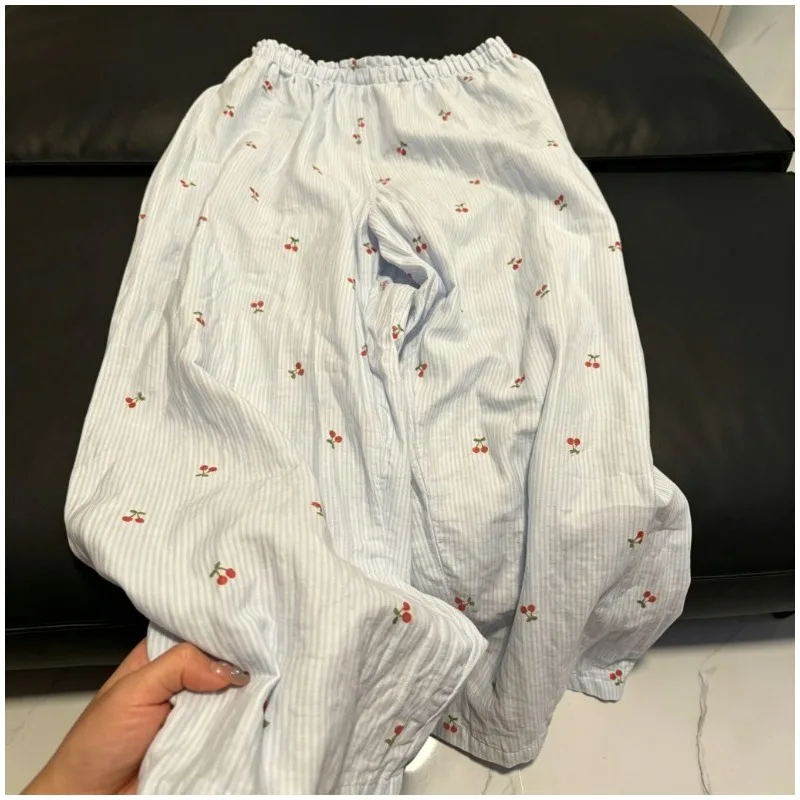 Autumn Women Pajama Pant Cute Cherry Print Striped Long Trousers Soft Breathable Elastic Waist Casual Home Loungewear Sleep Pant