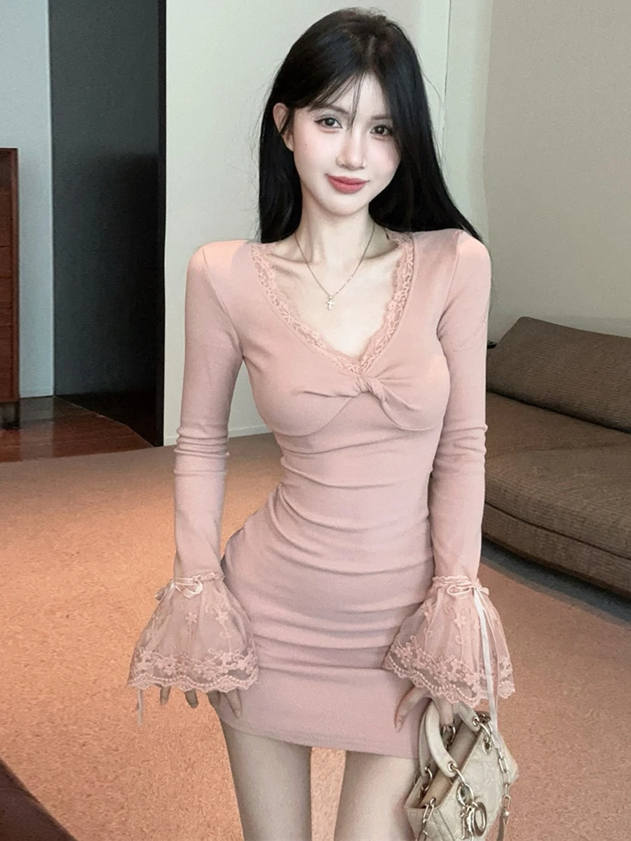 Elegant Sweet Pure Desire Lace Trim Flocking Slim Fit Bell Sleeve V-Neck Knot Tummy Control Skirt Stylish Women's Dress