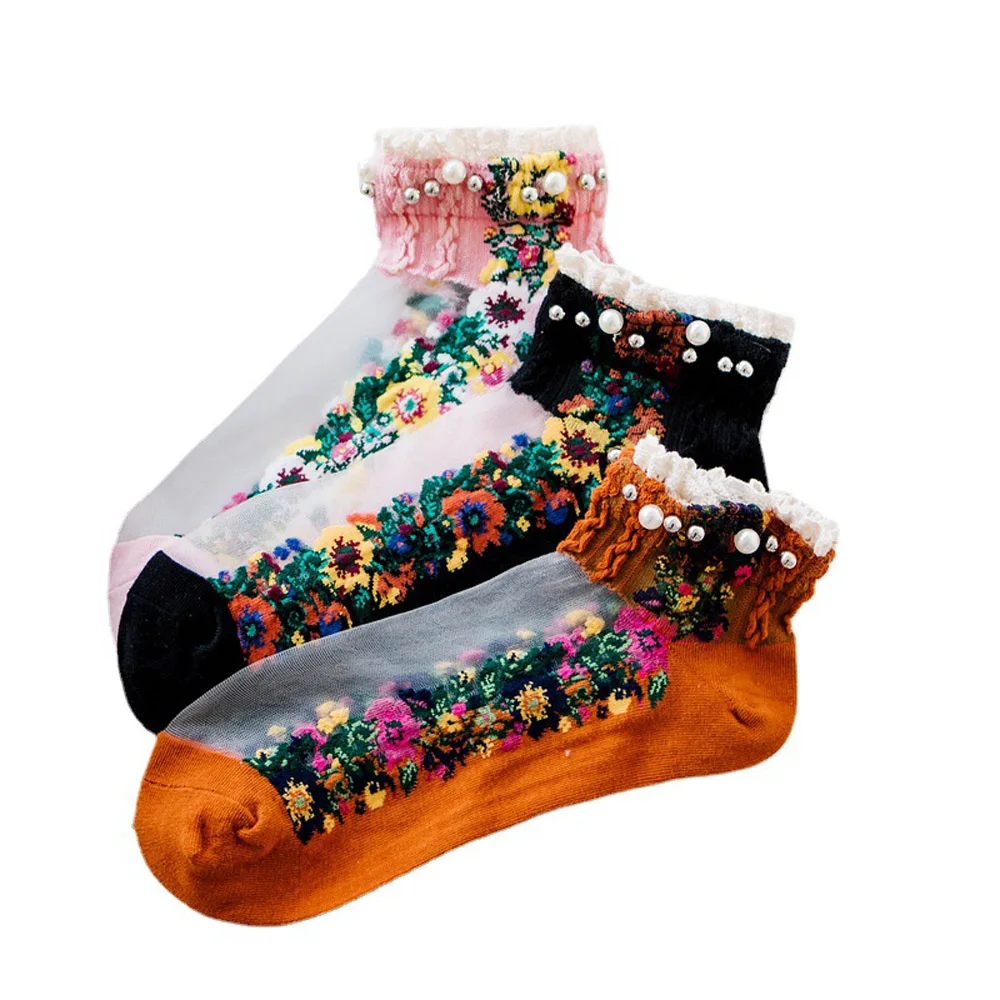Mode Transparent Sommer Frühling Perle Frauen Boot Socken Kurze Socken Stickerei Blumen Socken Strumpfwaren