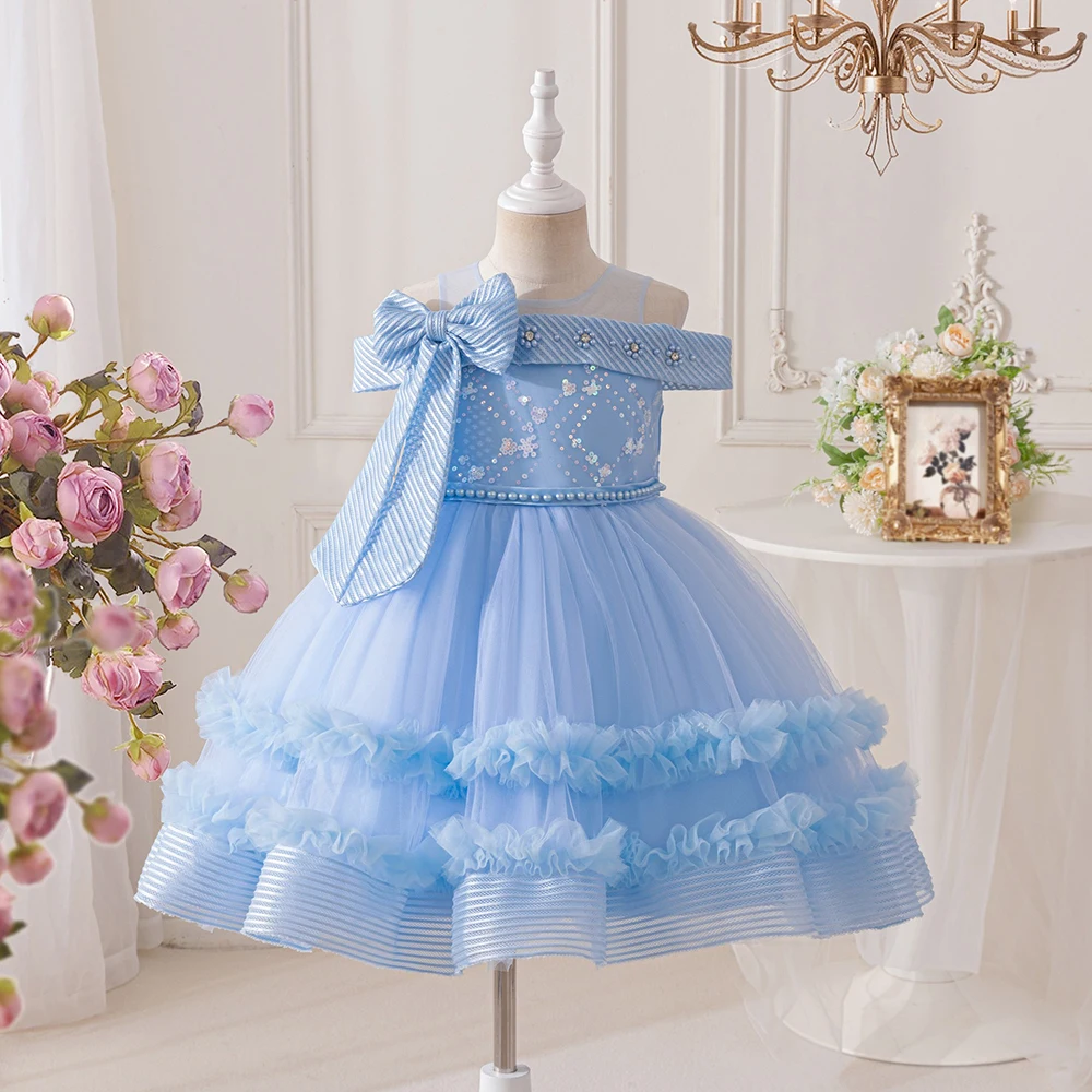 

HETISO Baby Girls First Birthday Party Dresses Children Princess Ball Gown Infant Beading Tulle Vestidos 2-10 Years