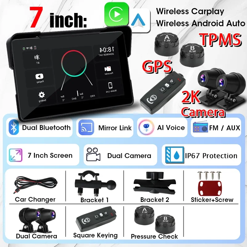 Jansite 7 Inch 2K Motorfiets Upgrade Module Dvr Navigatie Gps Draadloze Carplay Waterdichte Ipx7 Tpms Draagbare Slimme Display Cam