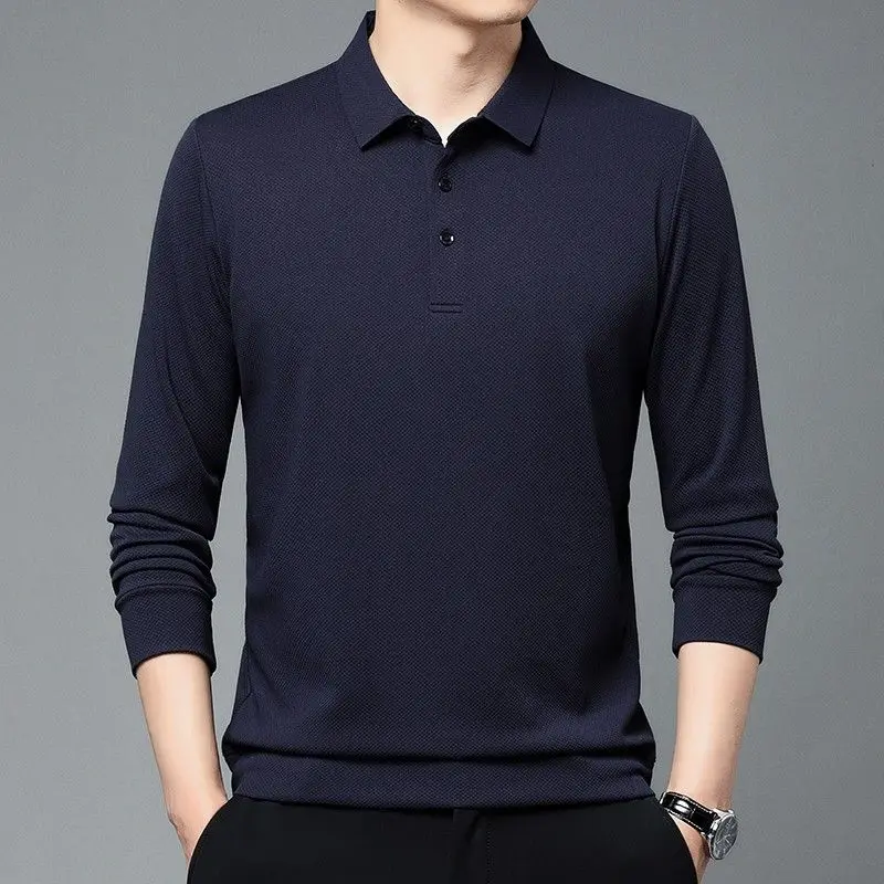 Spring Men Thin Solid Waffle Patchwork Long Sleeve Polo Shirts T-shirt Lapel Button Korean Fashion Loose Casual Versatile Top