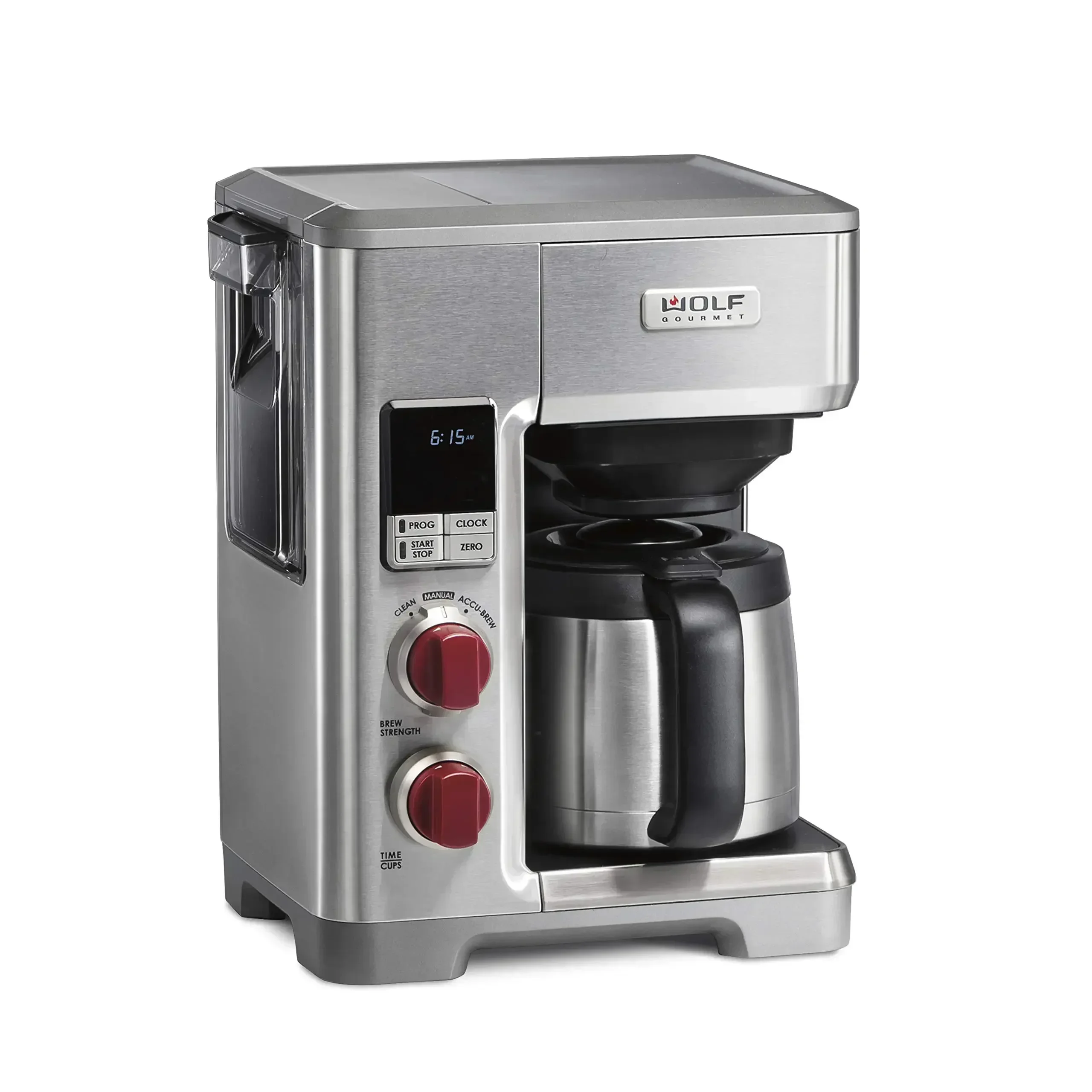 WOLF GOURM Programmable Coffee Maker System with 10 Cup Thermal Carafe, Built-in Grounds Scale, Removable Reservoir, Red Knob