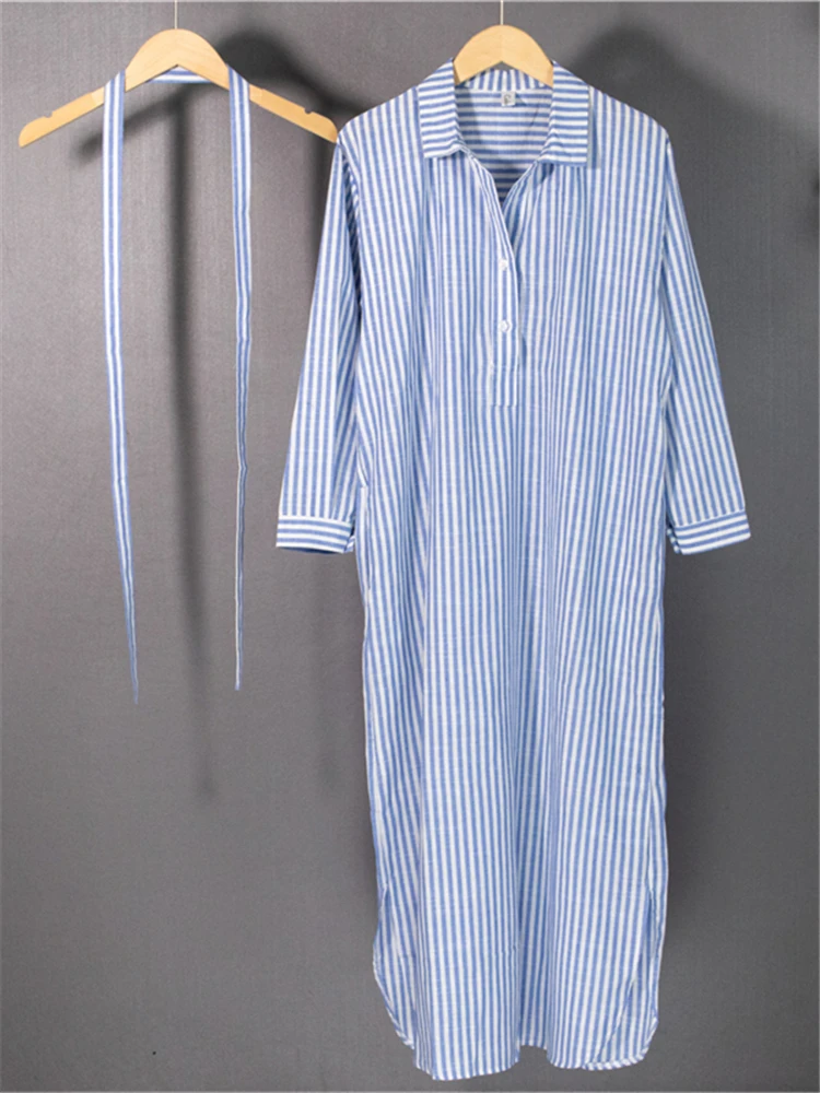 Colorfaith DR2268 New 2023 Striped Lace Up Cotton and Linen Shirt Dress Spring Summer Women Korean Fashion Chic Long Dresses