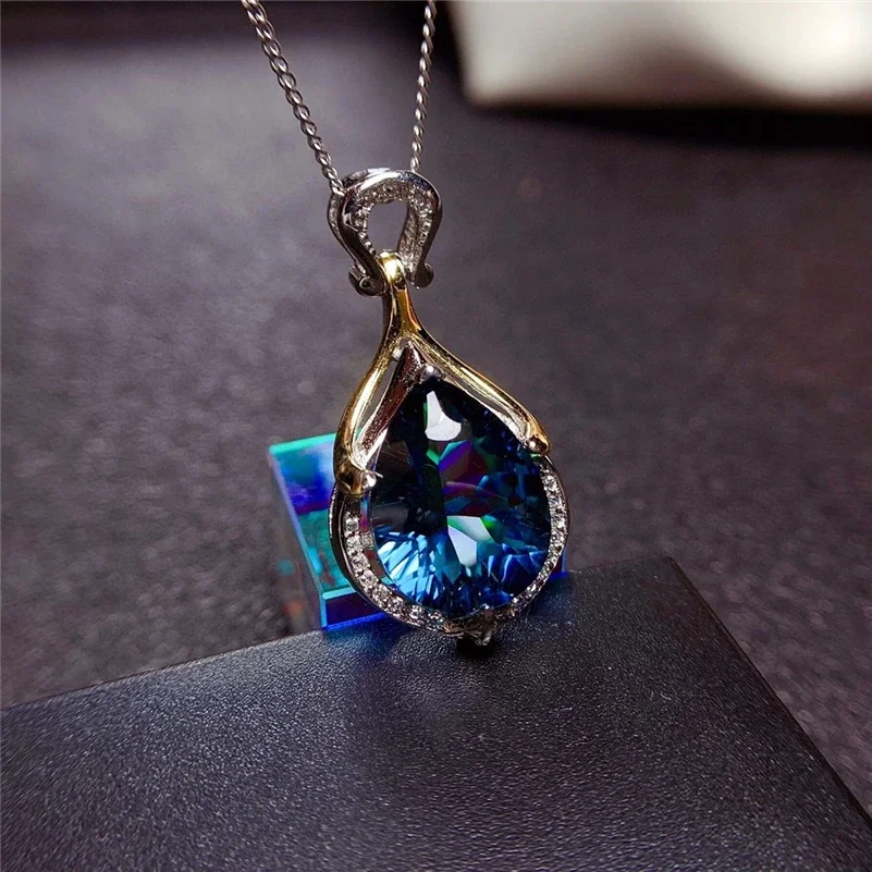 Collar de plata S925 de 45cm, colgantes de joyería de zafiro oscuro para mujer, Collares bohemios, collar con colgante de topacio de zafiro azul para niñas