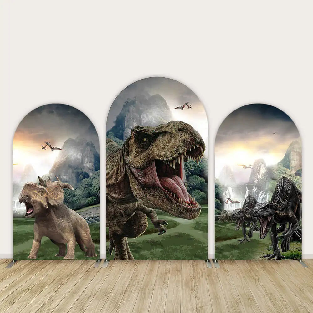 

Customize Jurassic Park Dinosaur Chiara Arched Cover Backdrop for Boy 1st Birthday Party Decoration Jungle Safari Background
