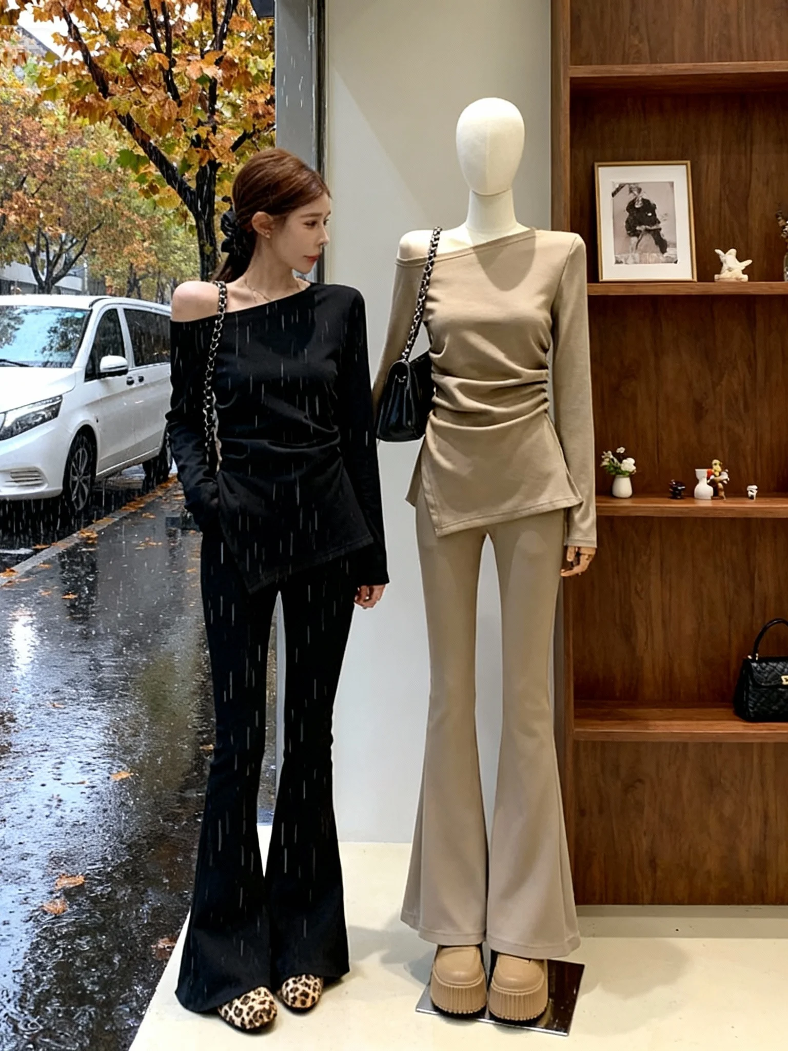 

Spring New Style Hot Girl Asymmetrical Shoulder Long Sleeve T-Shirt Flared Pants Two-Piece Set Women's Fashionable Outfit