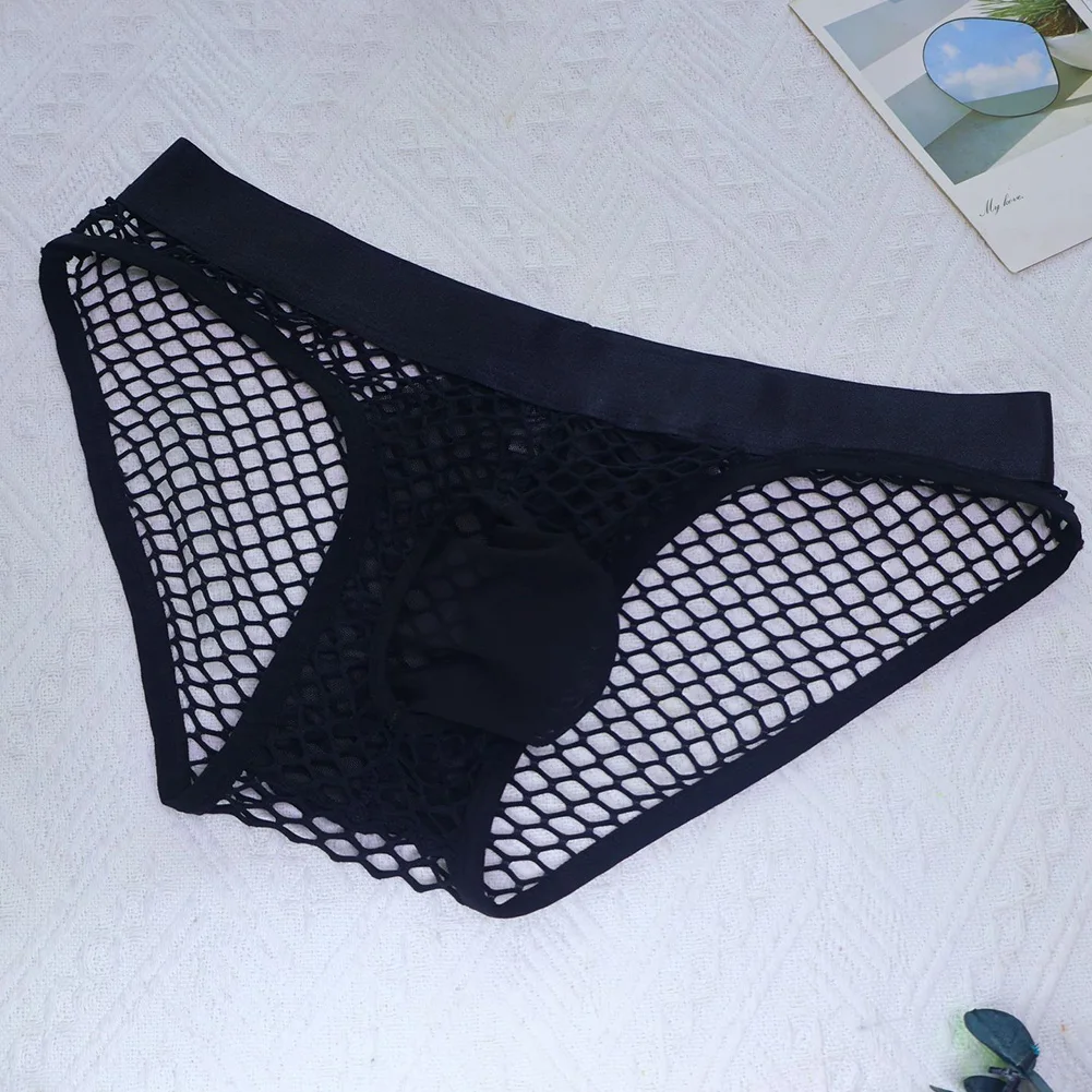 الرجال مثير جوفاء شبكة منتصف الارتفاع رقيقة موجز شبكة صيد السمك كبيرة الانتفاخ الحقيبة الملابس الداخلية للرجل الساخن السروال انظر من خلال الذكور مثير سراويل #3