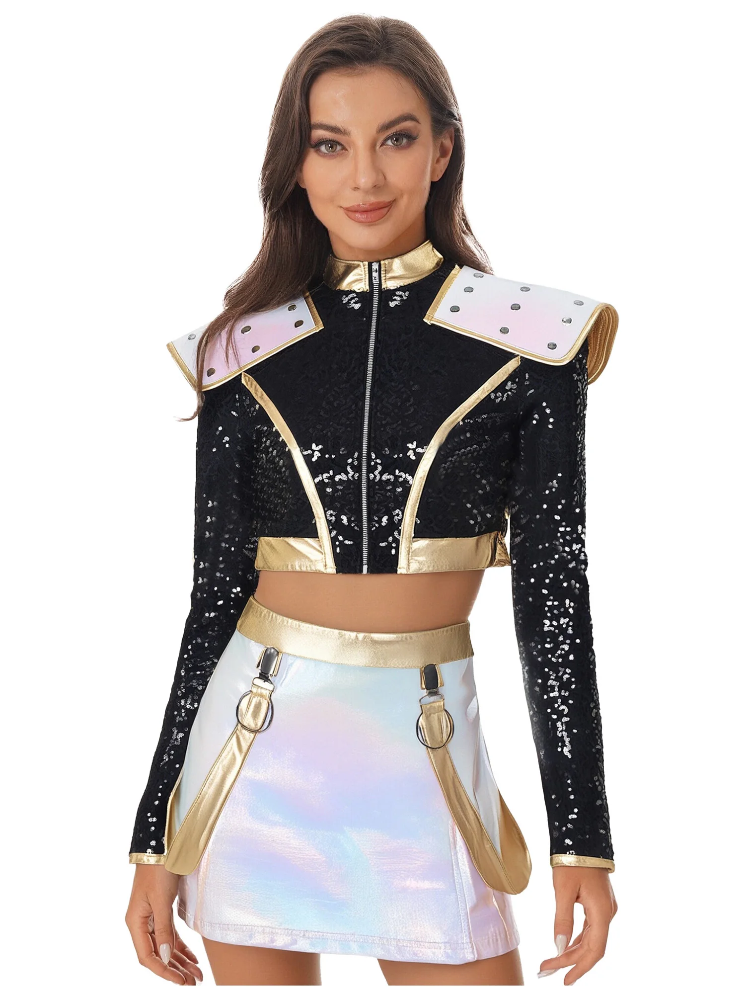 

Women Fashion Medieval Ancient Roman Knights Warrior Cosplay Outfit Long Sleeve Shiny Jacket Top with Mini Skirt for Halloween