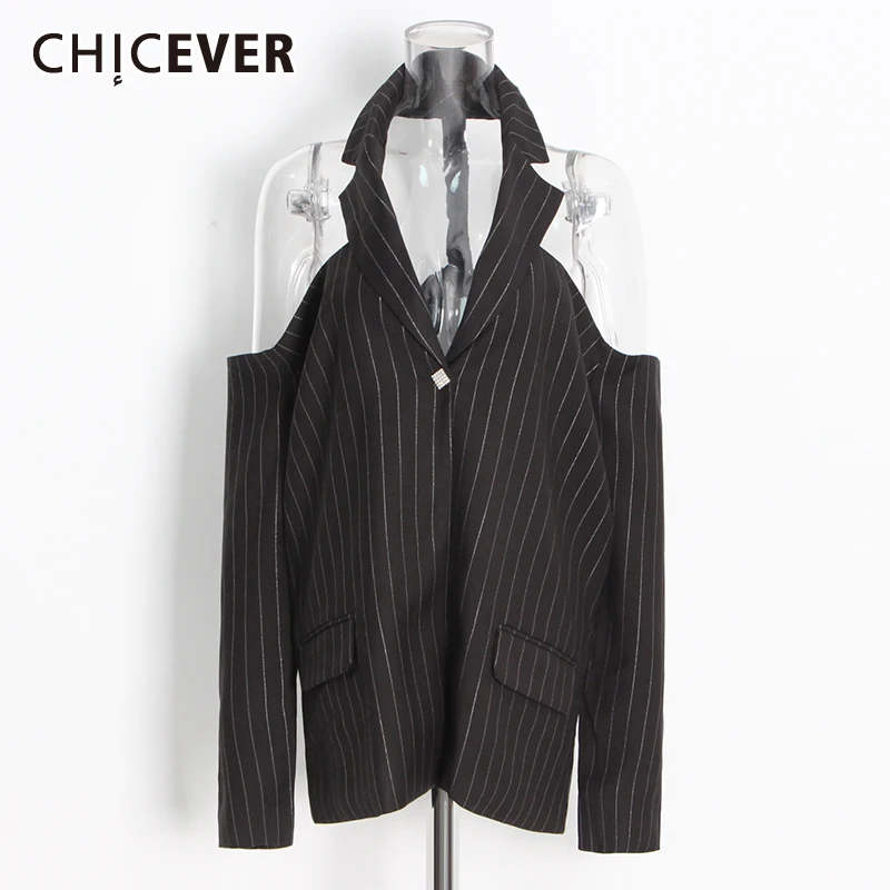 CHICEVER Club Chic Off Shoulder Blazer for Women Notched Collar Long Sleeve Backless Spliced Diamonds Jacket with Striped Female