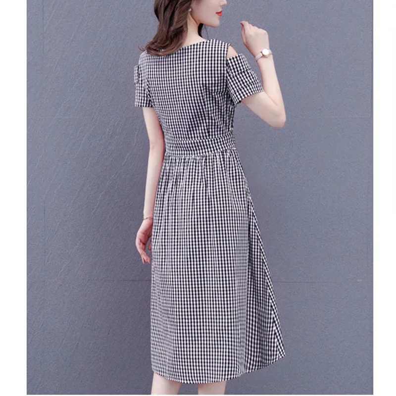 Süße lose Bandage Bogen von der Schulter Plaid Midi Kleid weibliche Kleidung neue Kurzarm Büro Dame Prinzessin zl73