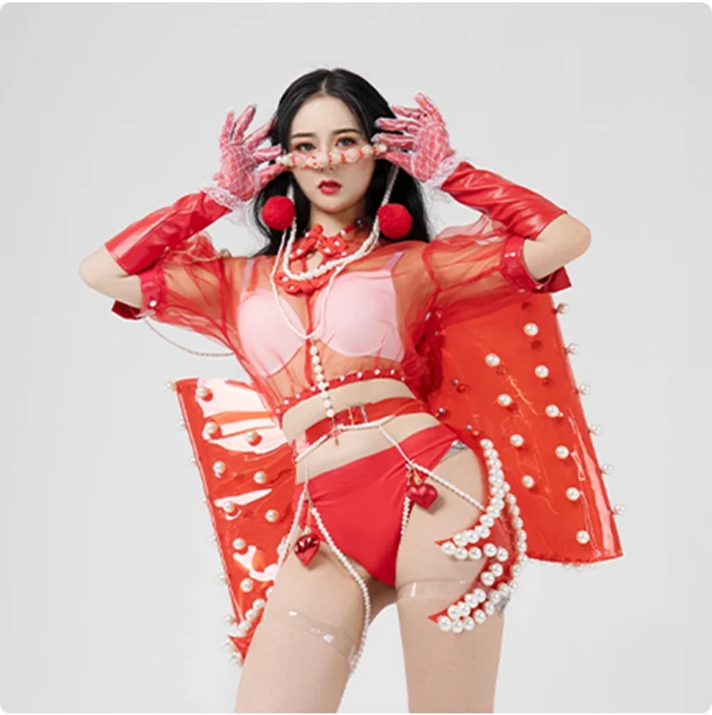 

New Nightclub Red Mesh Gogo Dancer Costume Pearls Bow Sexy Drag Queen Outfit Singer Performance Wear Carnival Dancewear