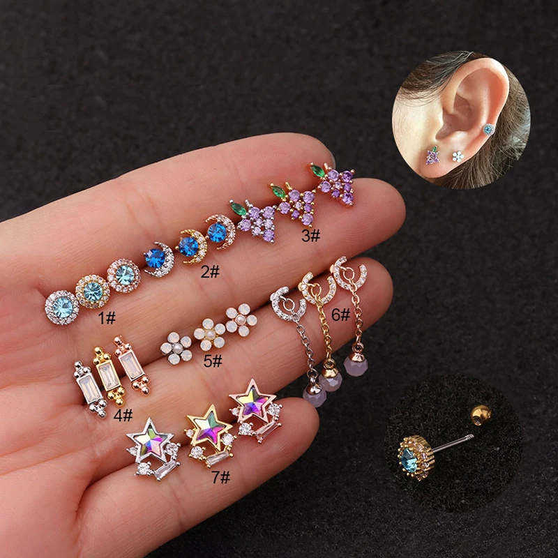 1Piecee Xquisite Star Moon Grape Piercing Kolczyki sztyfty dla kobiet Kolczyki Prezent 99% Czysty tytan Metal Helix Kolczyk Biżuteria