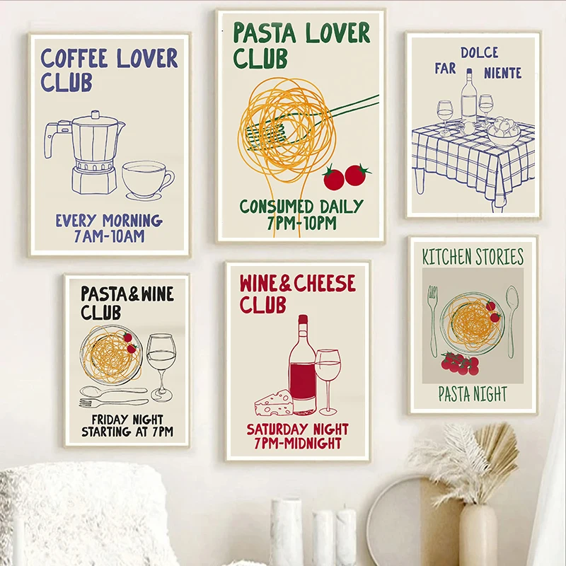 Handgezeichnetes Küchen-Poster mit Moka-Kanne, Kaffee, Pasta, Wein und Käse Motiv - Leinwanddruck für Wohnzimmer und Heimdekoration
