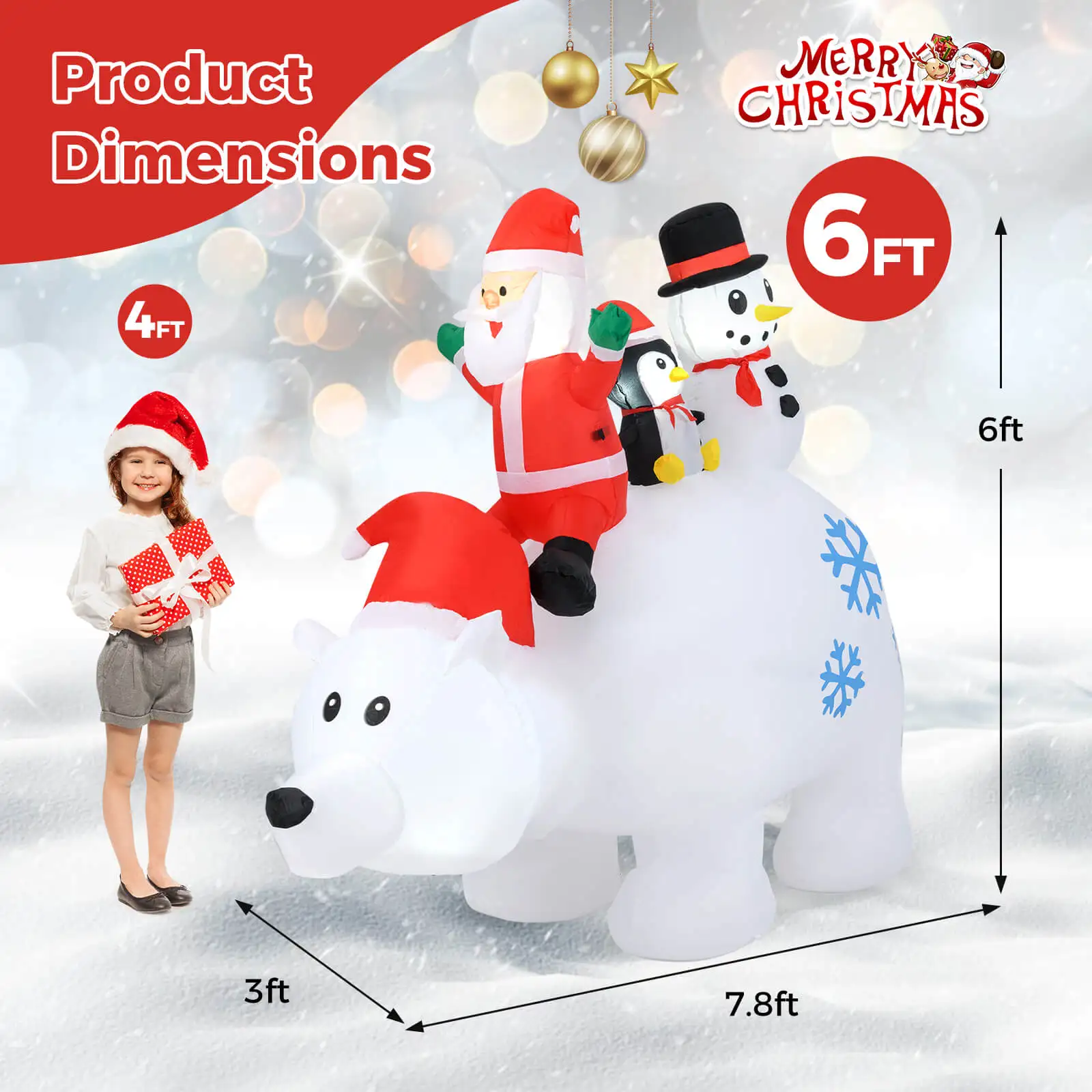 6 Ft Christmas Inflatable Animated Santa Penguin & Snowman Riding Polar Bear