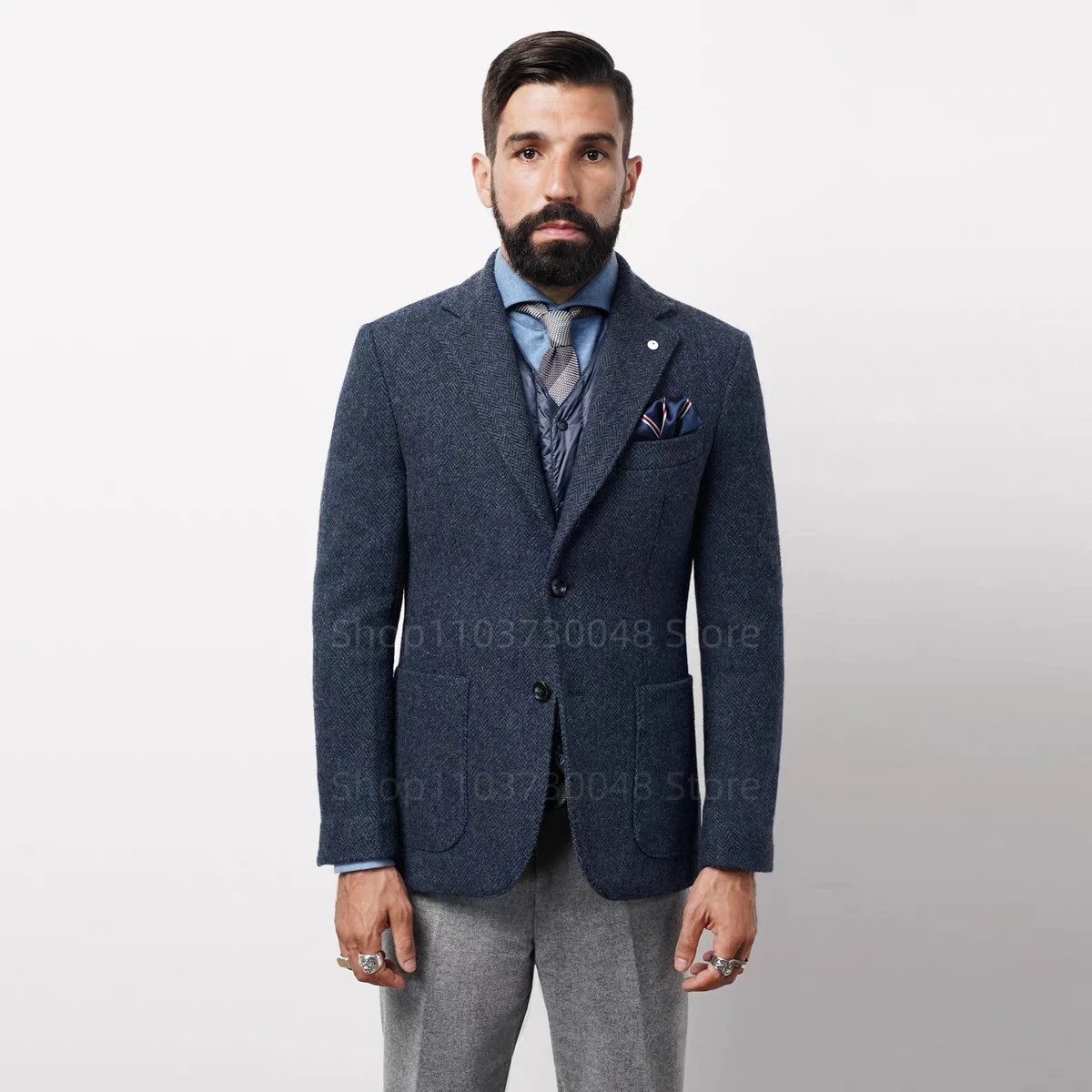 

Men's Slim Fit Navy Blue Herringbone Tweed Wool Blazer Formal Notch Lapel Tuxedo Jacket 1-Piece Winter Coat for Wedding Business