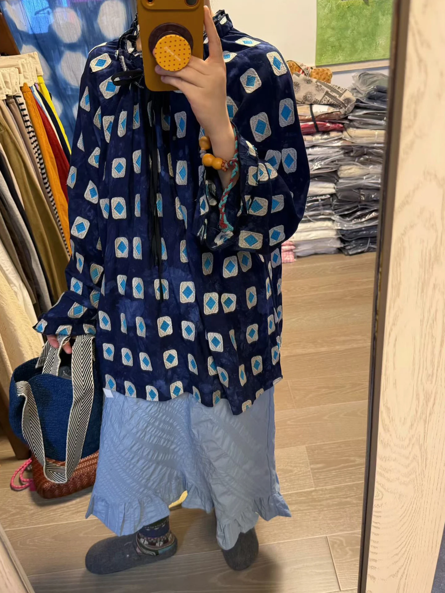 

Retro Blue Embroidered Shirt Pleated Skirt Light Blue Lace Denim Jeans Women's Spring Summer Fashion Casual Loose Fit