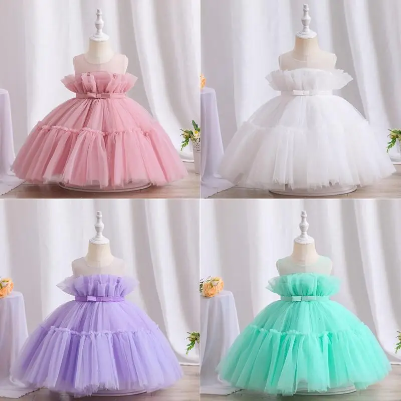 Newborn Infant Dress Sleeveless Breathable Puffy Solid Mesh Baby Girls Party Dresses 1-5 Years Kids Wedding Princess Dress