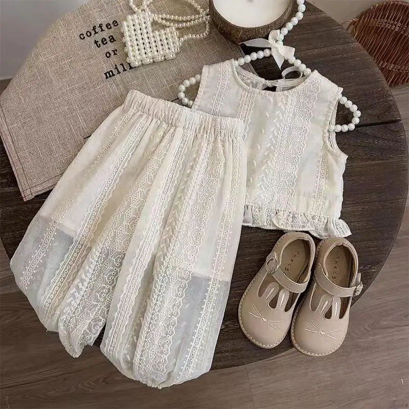 

Girls' Summer Fashion Set Fashionable 2024 New Fashion Girl Baby Top Wide Leg Pants 2-piece Set Children's Summer Clothes set