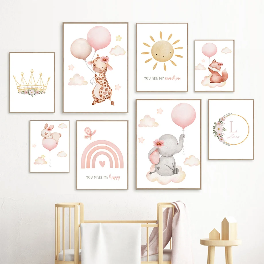 Blush Pink Nursery Wall Art Baby Girl Watercolor Canvas Prints Cute Animal Balloon Posters Pictures for Baby Room Playroom De