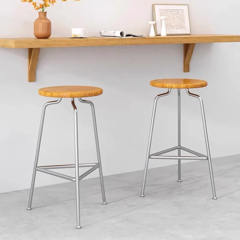 Nordic Bar Stool with Wood Seat | Antique Iron Footrest  Modern Round Counter Chair  Home Cafe & Restaurant Furniture