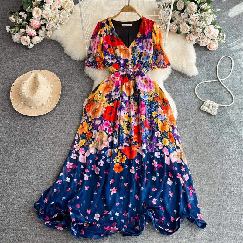 

Gentle And Retro Style Bubble Sleeves V-Neck Slimming A-Line Print Dress For Women Summer Seaside Vacation Long Dress Z1714