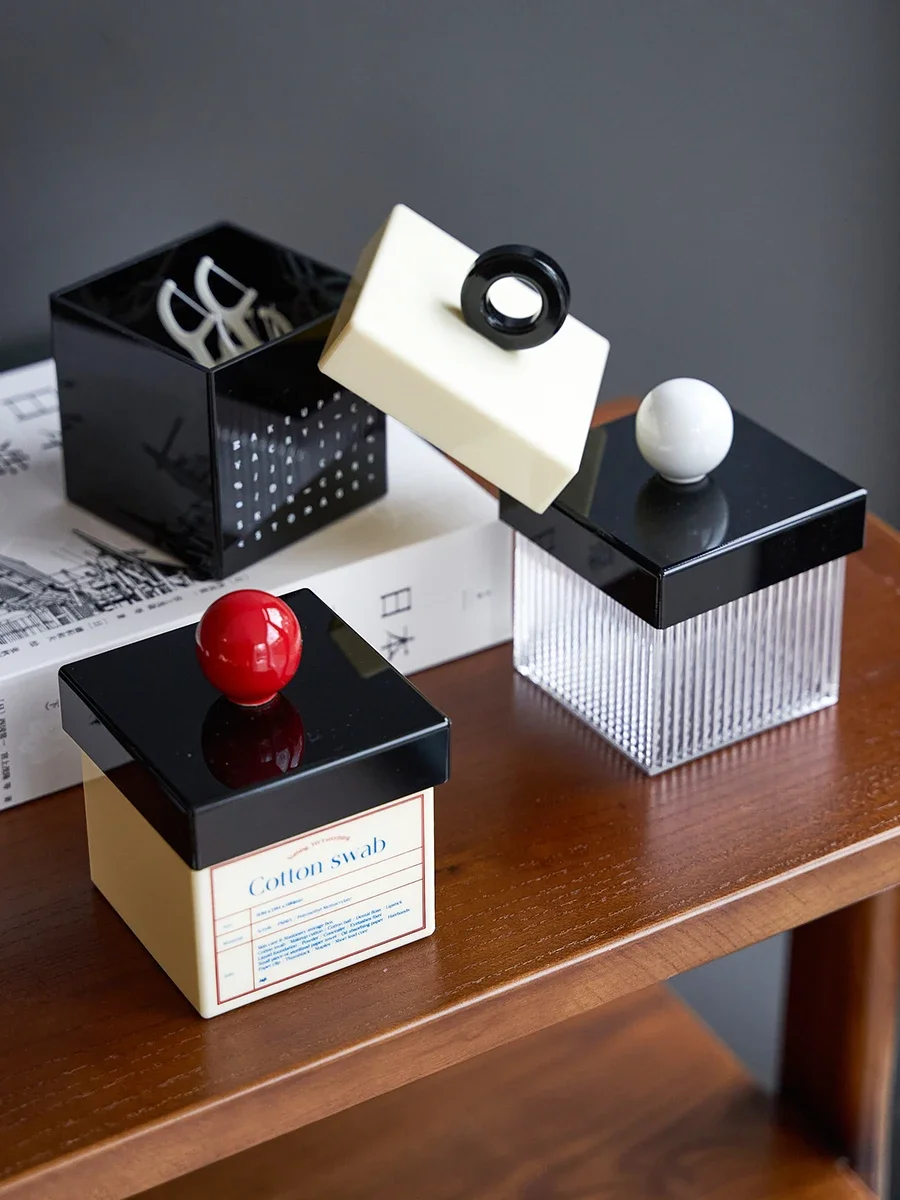 Modern minimalist pre-loved red ball cotton swab box, striped transparent dental floss, matchbox, acrylic storage box