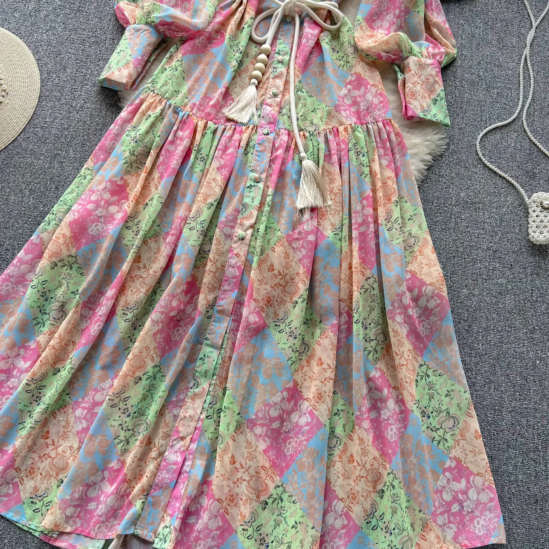 ربيع الخريف رقيقة طويلة الأكمام الوقوف طوق الراقية الشعور فستان من الشيفون المرأة فضفاضة تناسب الخصر المجهزة عطلة فستان طويل