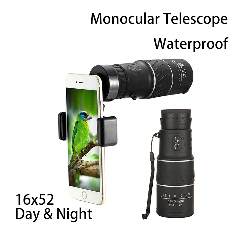 Portable 16 X 52 High Over Hd Monocular Telescope Plastic Binoculars Outdoor Outdoor Sports Telescope with Tripod Phone Clip