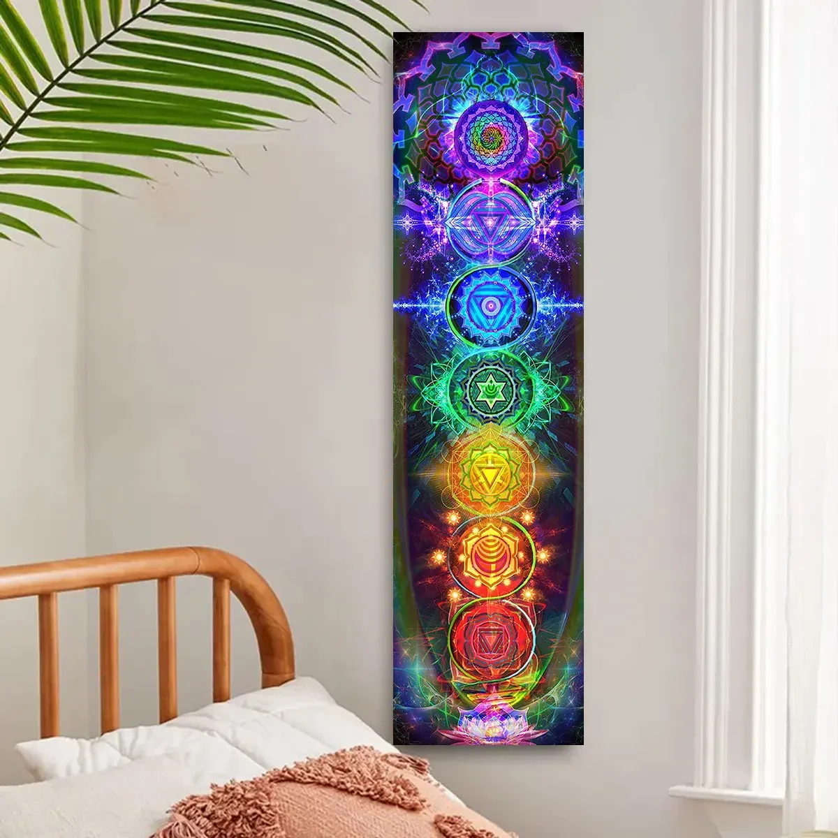 Colorful Chakra Wall Tapestry Yoga Meditation Wall Hanging for Bedroom Home Decor Black Wall Art Decor with Spiritual Energy