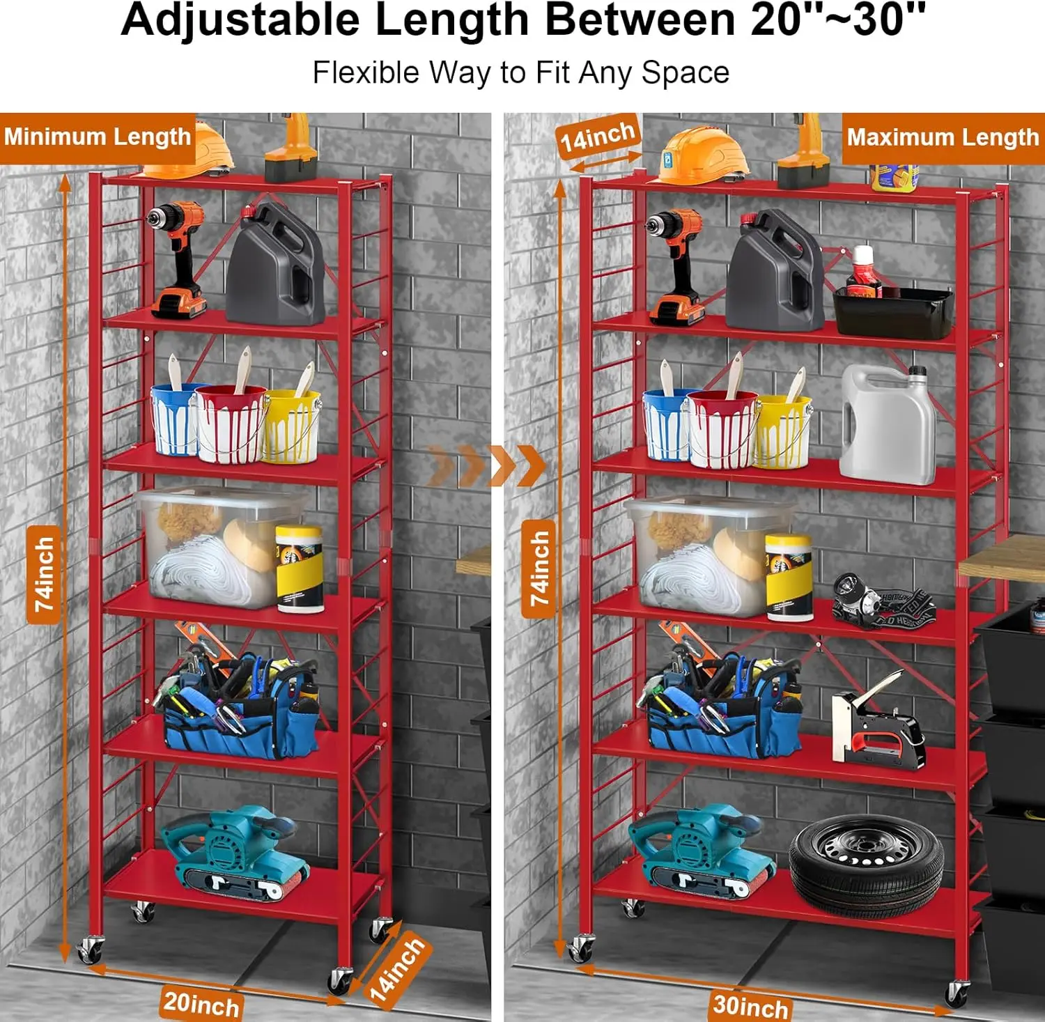رف تخزين قابل للطي مكون من 6 أرفف، أرفف معدنية قابلة للتعديل بعجلات، قابلة للتغيير إلى وحدتين