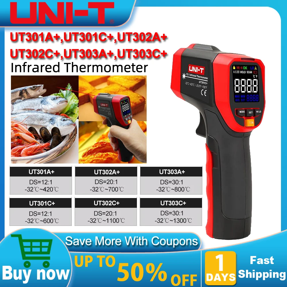 

UNI-T UT301A+ UT301C+ Non Contact Infrared Laser Thermometer HD Color Screen Industrial Temperature Measurement IR Gun