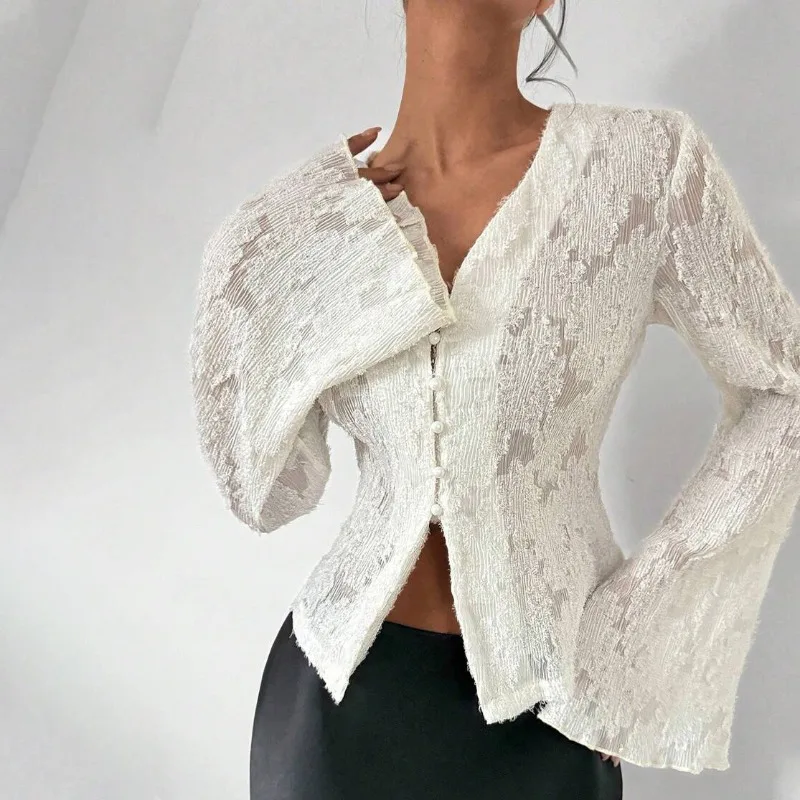 

Spliced Lace White Elegant Slim Shirt V Neck Single Breasted Flare Sleeve Long Embroideried Sheer Women Blouse Tops Chic Ladies