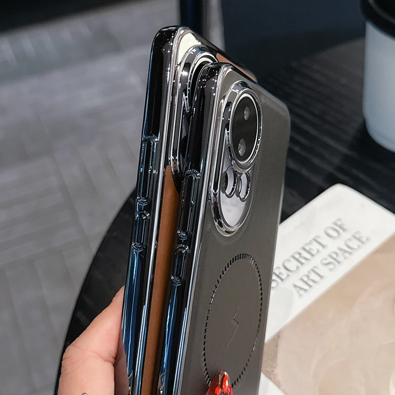 حافظة لهاتف هواوي نوفا 13 12 12 برو 12 فائقة المطلية بالكهرباء مصنوعة من الجلد وشحن لاسلكي مغناطيسي مقاوم للصدمات