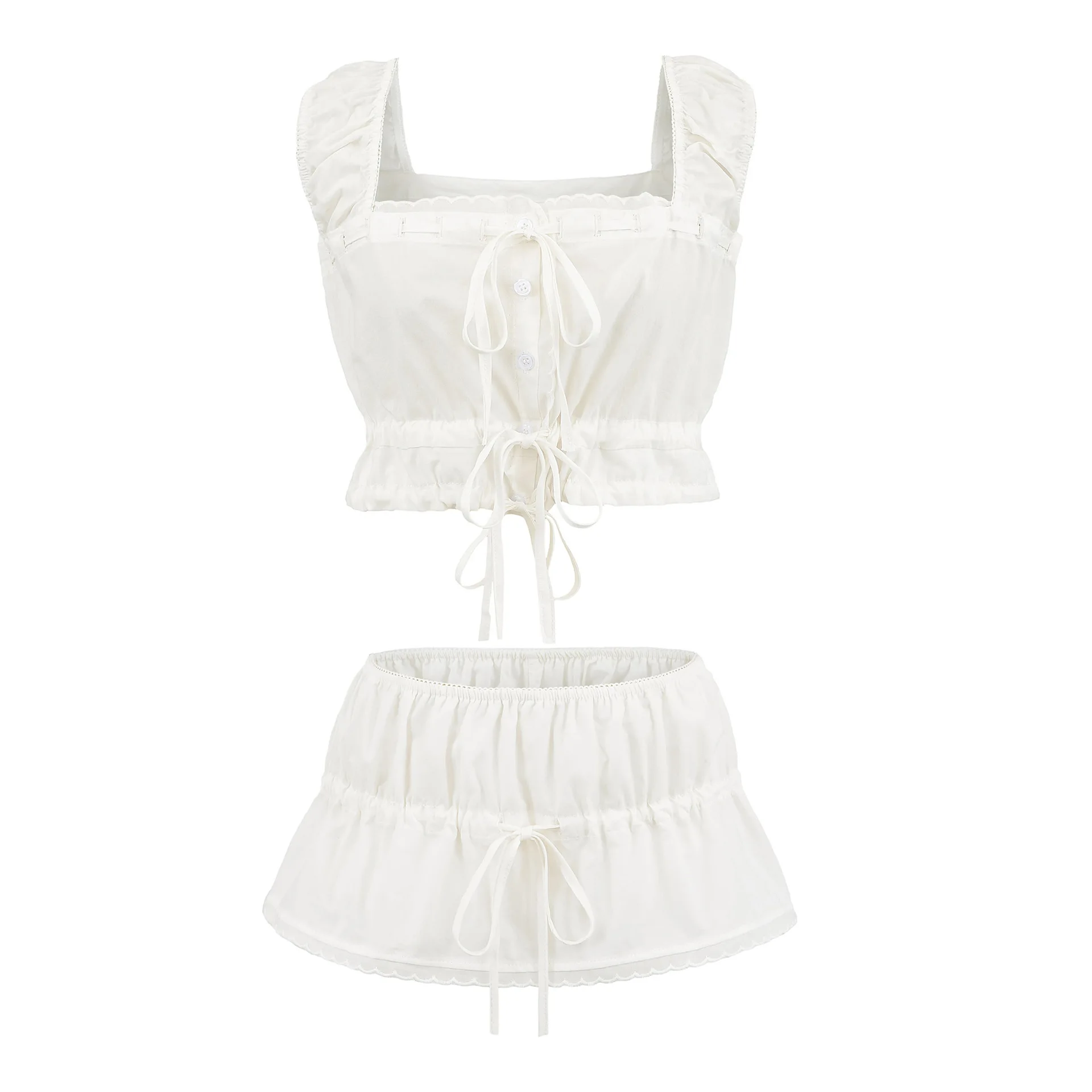 

Woman Lace Trim Set Bow Tie Drawstring Square Collar Camisole Top Solid Elastic Waist Mini A-line Culottes Summer New Suit