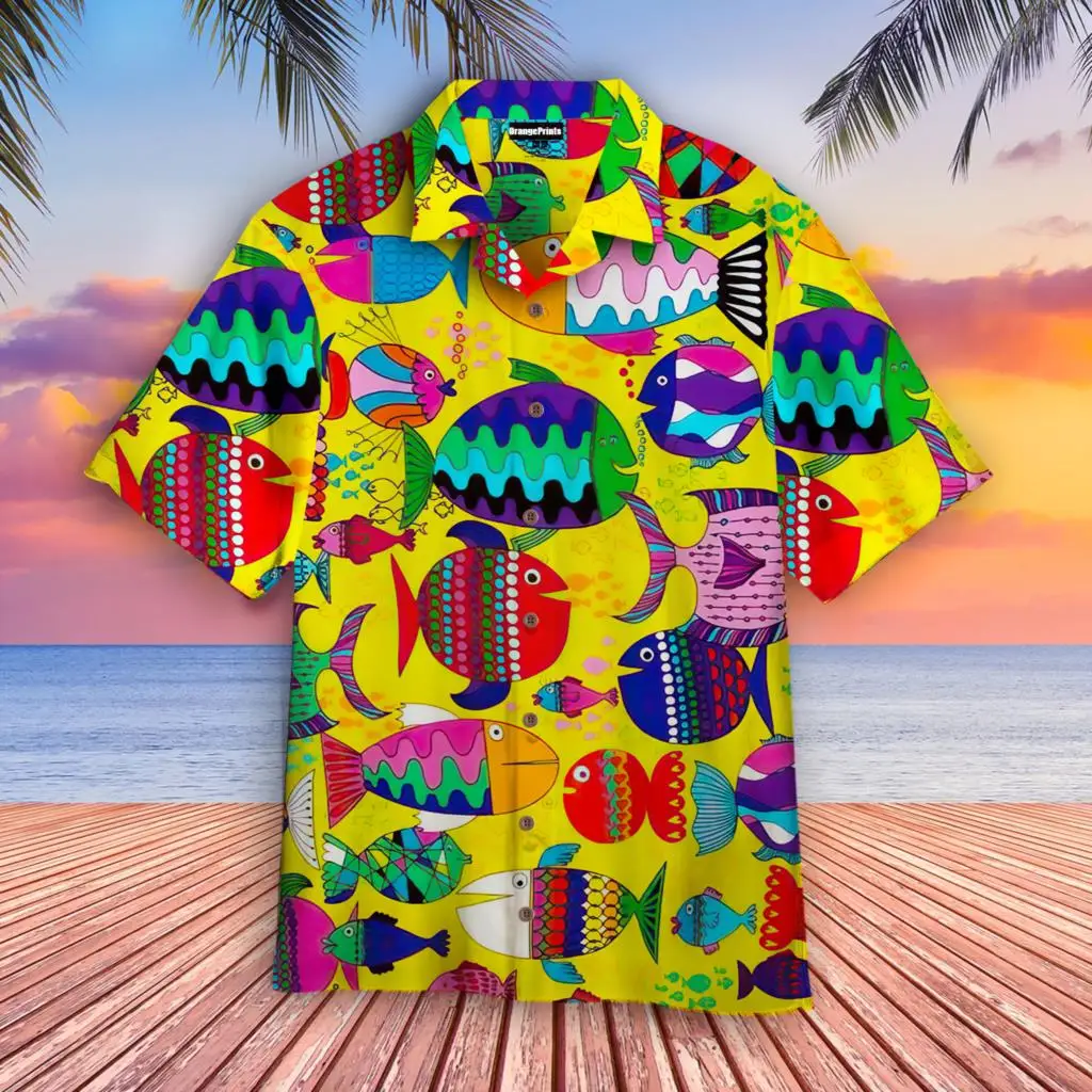 New Hawaiian Yellow Shirts Men Creative Fish Print Colorful Fish Painting Summer Casual Shirts Cool Beach Vacation Tops